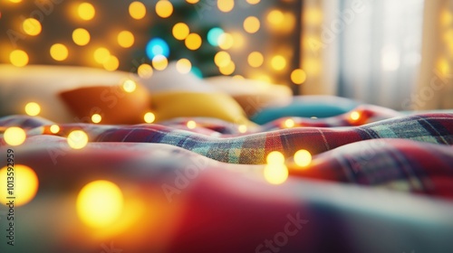 Cozy and inviting atmosphere with warm fairy lights plaid blanket and soft blurred bokeh lighting creating a serene tranquil and hygge inspired setting in a cozy bedroom or living room interior photo