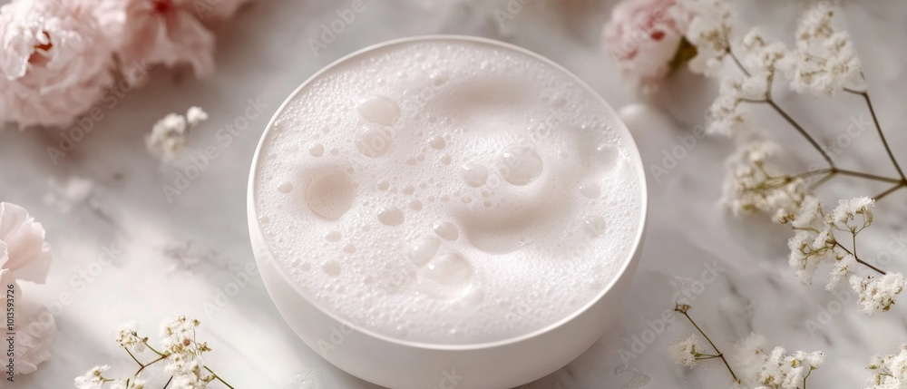 A white bowl filled with bubbles sits on a marble countertop A white bowl filled with bubbles sits on a marble countertop