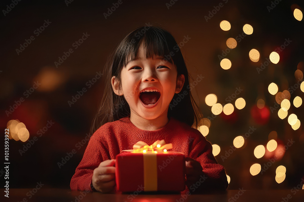 Happy child with gift, festive atmosphere Happy child with gift, festive atmosphere