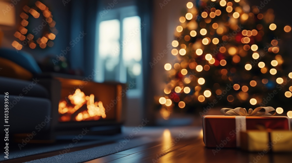 Cozy and inviting winter living room scene with a warm fireplace twinkling Christmas tree and soft lighting creating a festive and intimate atmosphere perfect for the holiday season Cozy and inviting winter living room scene with a warm fireplace twinkling Christmas tree and soft lighting creating a festive and intimate atmosphere perfect for the holiday season