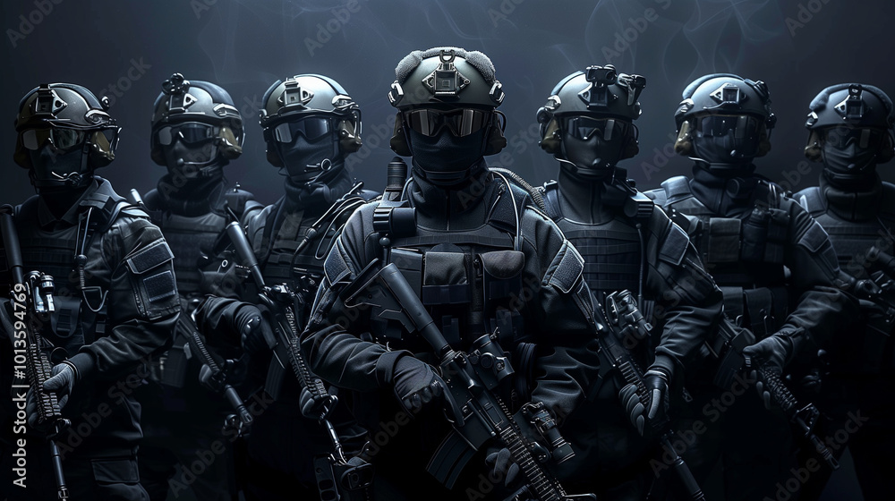 Armed special forces group in tactical gear, on a dark background. Law and order protection concept. SWAT group. Antiterrorism. Special operation Armed special forces group in tactical gear, on a dark background. Law and order protection concept. SWAT group. Antiterrorism. Special operation