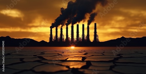 Dramatic and ominous sunset scene with a skyline of industrial factory chimneys belching thick plumes of black smoke into the moody atmospheric sky