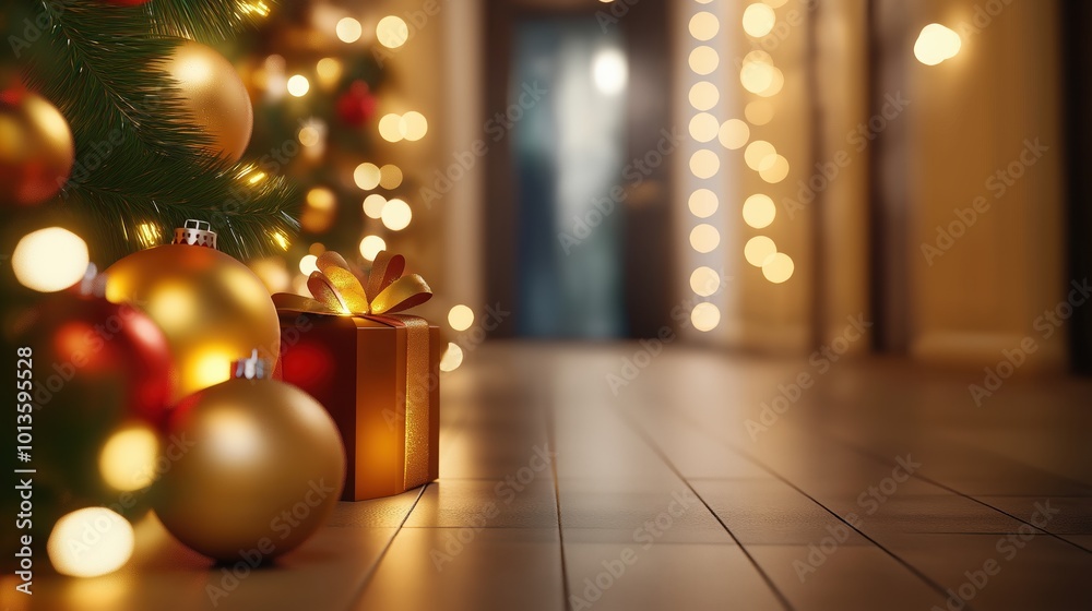 Festive Christmas Home with Glittering Ornaments Sparkling Lights and Elegant Gift Boxes on Wooden Floor Festive Christmas Home with Glittering Ornaments Sparkling Lights and Elegant Gift Boxes on Wooden Floor