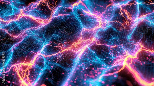 Abstract Digital Landscape with Glowing Neon Lines and Grid