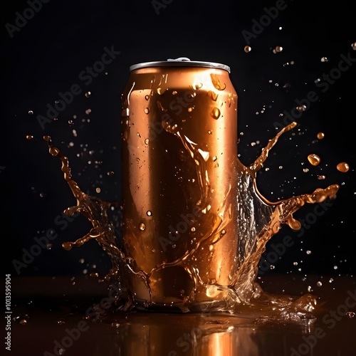 mock up product photograph of a golden brown color aluminum soda can / beer can isolated in splash of water with copy space for text	