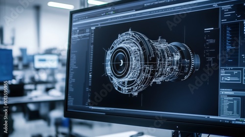 A close-up view of the computer monitor showcases intricate designs of a prototype jet engine in 3D CAD software. Specialists discuss the design intricacies and strategies for innovative engineering