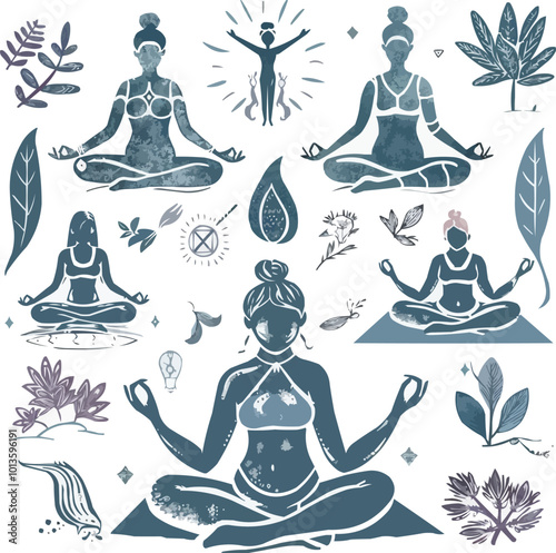 Create a serene yoga scene with poses, mats, and zen symbols, ideal for wellness and fitness promotions, hand-drawn vector art.