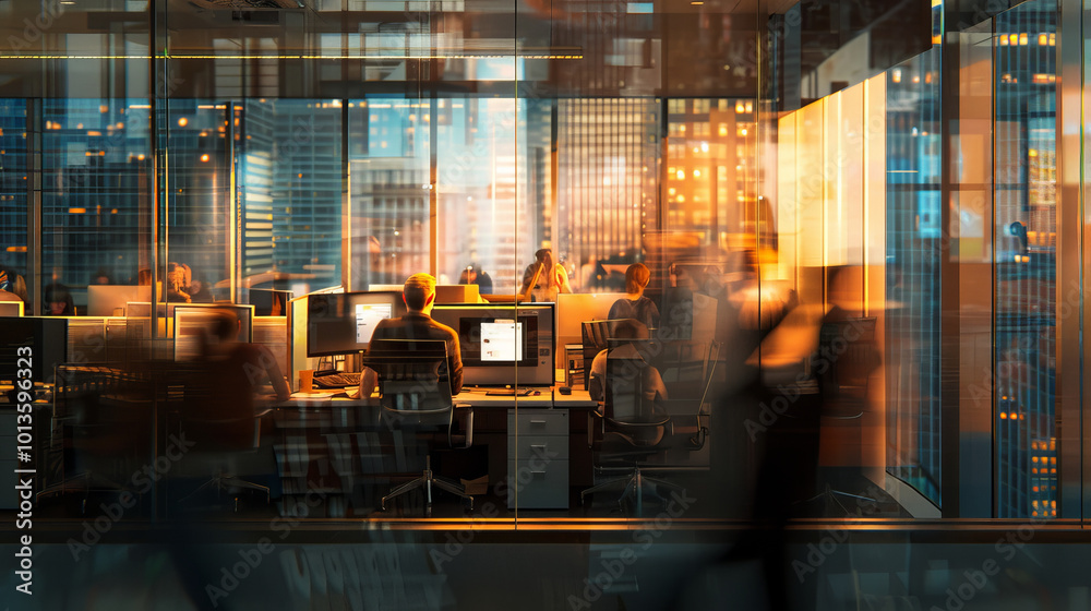A bustling office environment showcases professionals engaged in work, illuminated by city lights. modern design and vibrant atmosphere create dynamic workspace