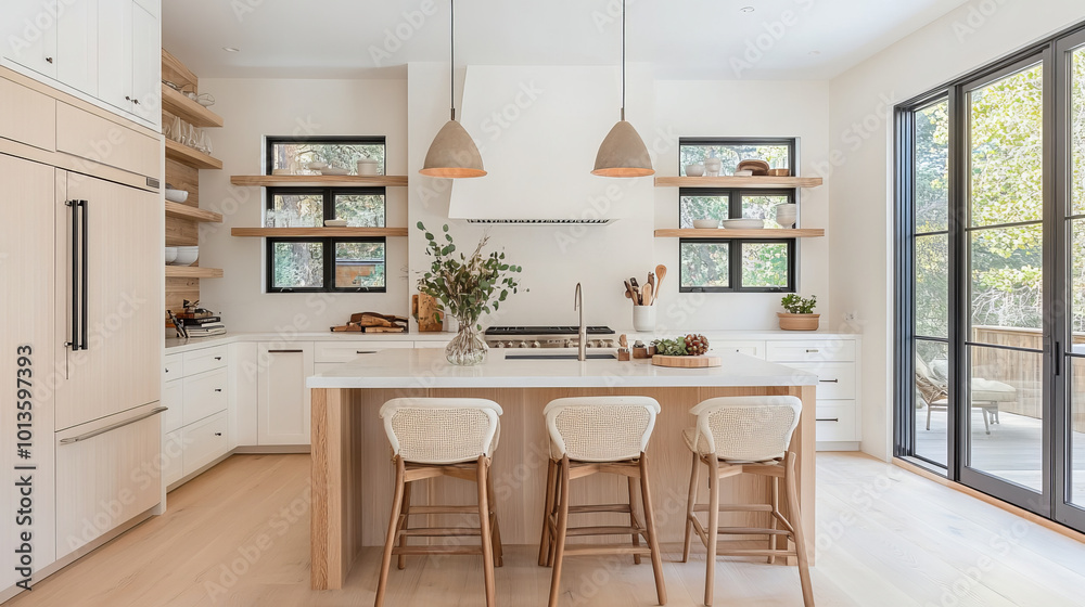 Modern kitchen design features spacious layout with natural light, wooden shelves, and stylish pendant lighting. inviting atmosphere is perfect for cooking and entertaining Modern kitchen design features spacious layout with natural light, wooden shelves, and stylish pendant lighting. inviting atmosphere is perfect for cooking and entertaining