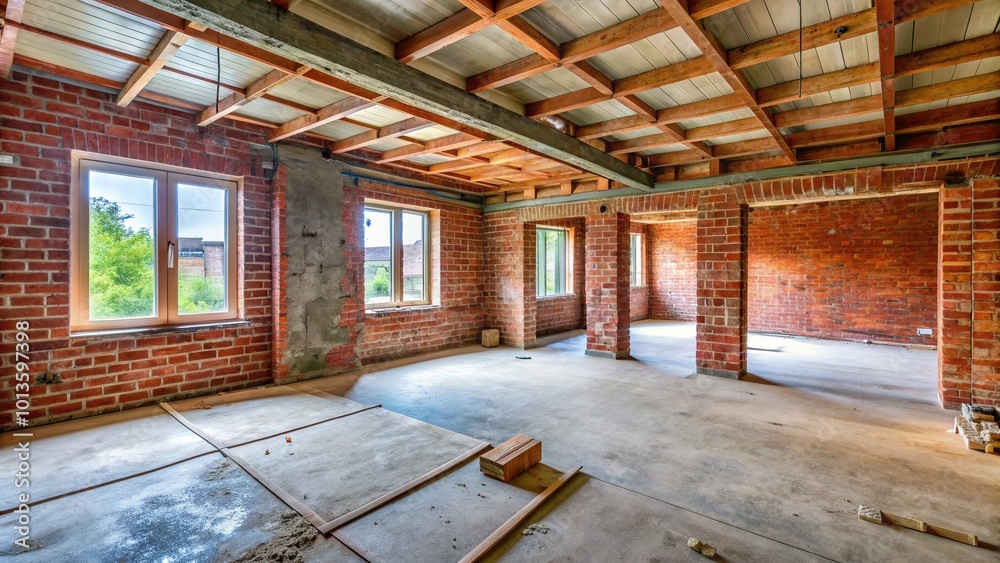 Incomplete room in newly built home features exposed brick red walls, rough concrete floor, and unfinished ceiling, awaiting final touches of construction. Incomplete room in newly built home features exposed brick red walls, rough concrete floor, and unfinished ceiling, awaiting final touches of construction.