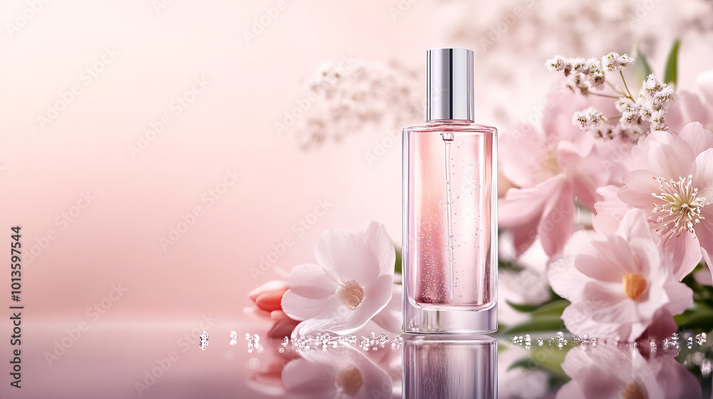 A delicate perfume bottle surrounded by soft pink flowers creates serene and elegant atmosphere. gentle hues and floral accents evoke sense of freshness and beauty A delicate perfume bottle surrounded by soft pink flowers creates serene and elegant atmosphere. gentle hues and floral accents evoke sense of freshness and beauty
