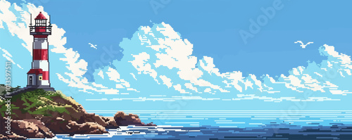 Depict a pixel art of a charming lighthouse by the sea, pixel art on white isolated background, vector design.