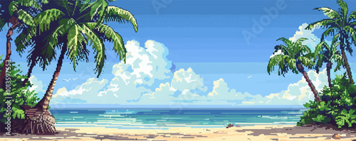 Depict a pixelated tropical beach with palm trees, pixel art on white isolated background, vector design.