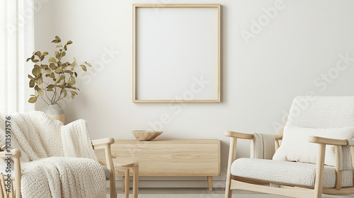 A serene and minimalist living room featuring light wood furniture, cozy textures, and neutral color palette. space invites relaxation and comfort, perfect for unwinding