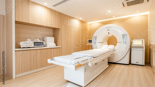 A modern medical imaging room featuring CT scanner, clean white bed, and wooden paneling. space is well lit and designed for patient comfort and advanced diagnostics photo