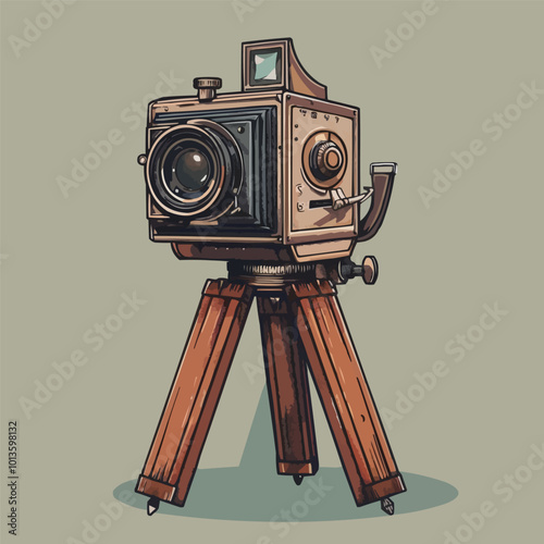 Detailed illustration of a vintage camera with bellows and a tripod, ideal for photography enthusiasts, flat, vector illustration, Vintage hand