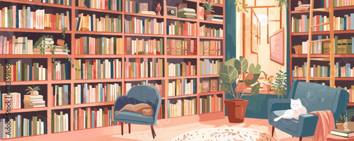 A cartoonish drawing of a library with a cat on a chair and a potted plant. The room is filled with bookshelves and a couch