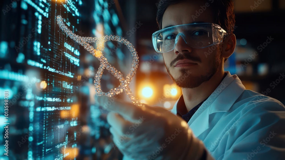 Fototapeta premium A scientist analyzes digital data, showcasing innovation in technology and research with a focus on data visualization.
