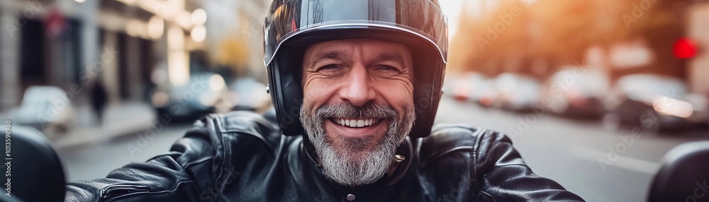 Selfie portrait of a middle-aged man wearing a motorcycle helmet smiling while riding his motorcycle Selfie portrait of a middle-aged man wearing a motorcycle helmet smiling while riding his motorcycle