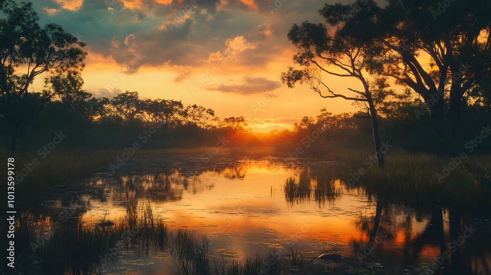 Fototapeta premium Sunset Serenity in the Australian Outback, a tranquil swamp reflecting vibrant hues of dusk amidst lush vegetation and wildlife.