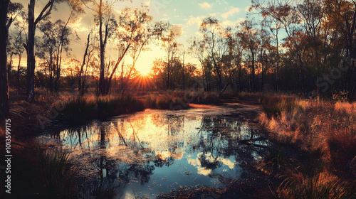 Sunset Serenity in the Australian Outback, a vibrant swamp reflecting hues of orange and purple, surrounded by lush vegetation and wildlife. photo