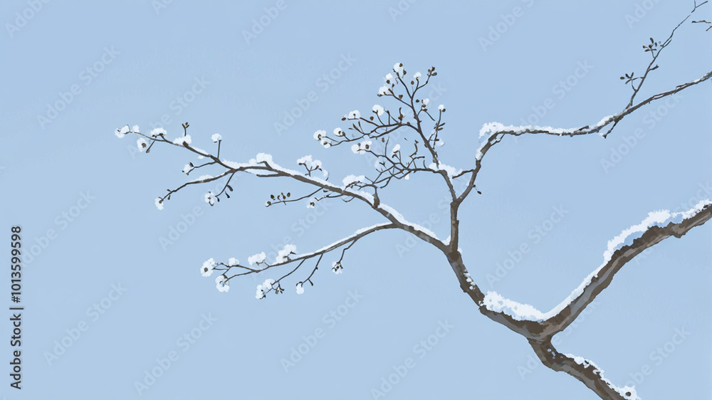 Obraz premium A pastel blue background featuring a tiny snow-covered tree in the top left corner. 