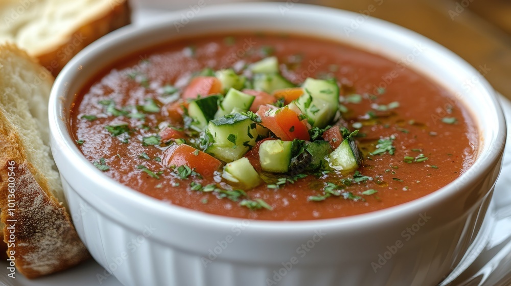 A close-up shot of gazpacho, a Spanish cold soup. This image can be used to illustrate a recipe for gazpacho, or to promote a restaurant serving the dish. A close-up shot of gazpacho, a Spanish cold soup. This image can be used to illustrate a recipe for gazpacho, or to promote a restaurant serving the dish.