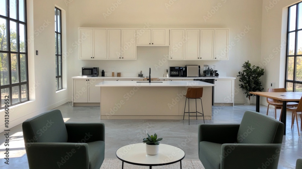 Fototapeta premium Modern Industrial Coworking Space with Kitchen Area