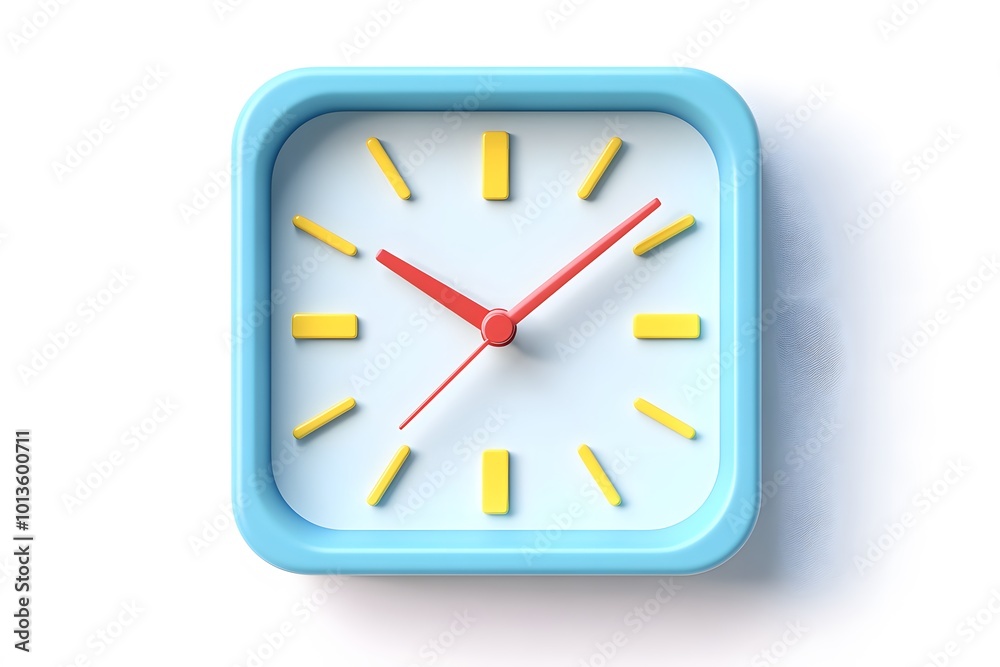 A square-shaped clock icon in a flat design style, featuring vibrant blue and yellow colors with red hands on a white background A square-shaped clock icon in a flat design style, featuring vibrant blue and yellow colors with red hands on a white background