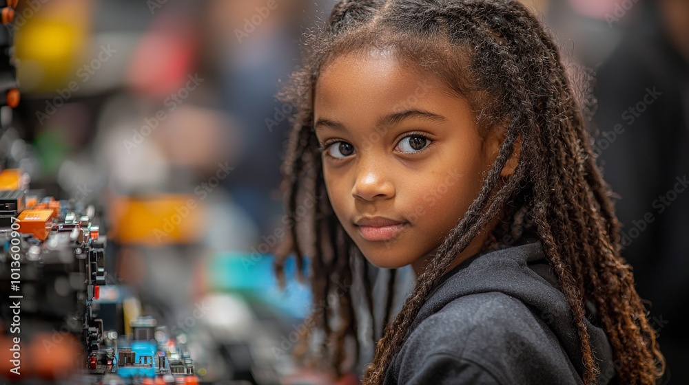 A young girl with braided hair looks curiously at colorful machinery in a busy environment.