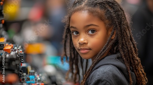 A young girl with braided hair looks curiously at colorful machinery in a busy environment.