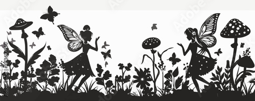 Garden fairies, winged creatures among flowers and mushrooms, magical nature silhouettes, black silhouette, vector illustration, flat style.