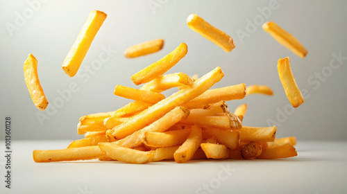 Golden crispy French fries piled high, individual fries scattered, vibrant color, crunchy texture, appetizing appearance, plain contrasting background photo