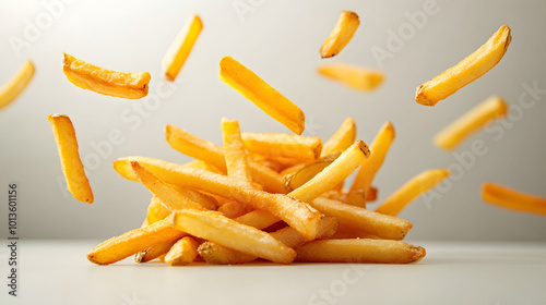 Golden crispy French fries arranged attractively with individual pieces scattered, showcasing a crunchy texture and vibrant color against a plain background.