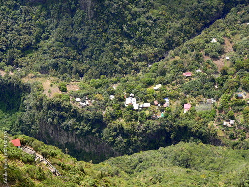 Aerial view of Grand Bassin ilet from the Tampon, Bois court viewpoint, Reunion island, France. High angle view in La Réunion.  photo