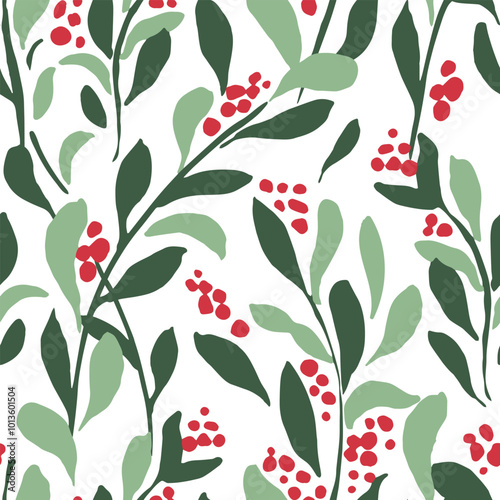 Seamless vector repeat pattern with elegant hand drawn Christmas berry botanical on white. All over hand drawn Christmas greens for gift wrap, fabric, packaging, sleepwear, bedding design projects