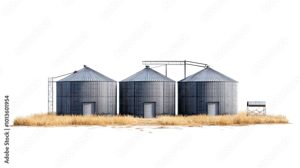 Three metal grain silos on a grassy field.