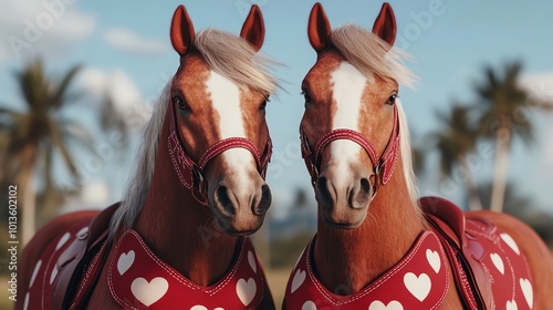 Horses with heartpatterned saddles, Valentine ranch setting, 3D illustration photo