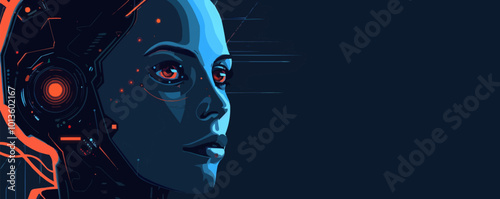 High-tech cyborg portrait with futuristic details and sleek lines, flat portrait, vector illustration.