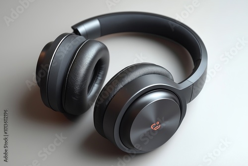 A sleek pair of modern wireless headphones resting on a gray surface in indoor lighting