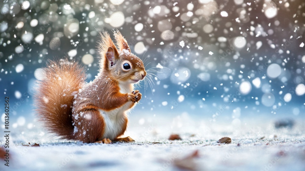 Cute red squirrel standing in the snow with snowflakes falling. Adorable winter animal portrait.