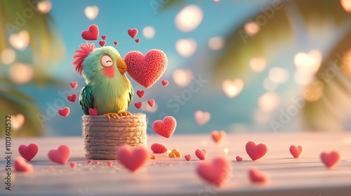 Parrots with heartshaped feathers, tropical Valentine scene, 3D illustration