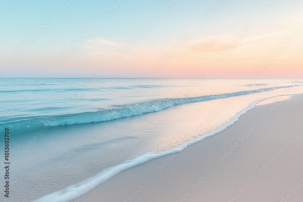 Sunset beach: gentle waves on shore, soft pastels reflecting on the water