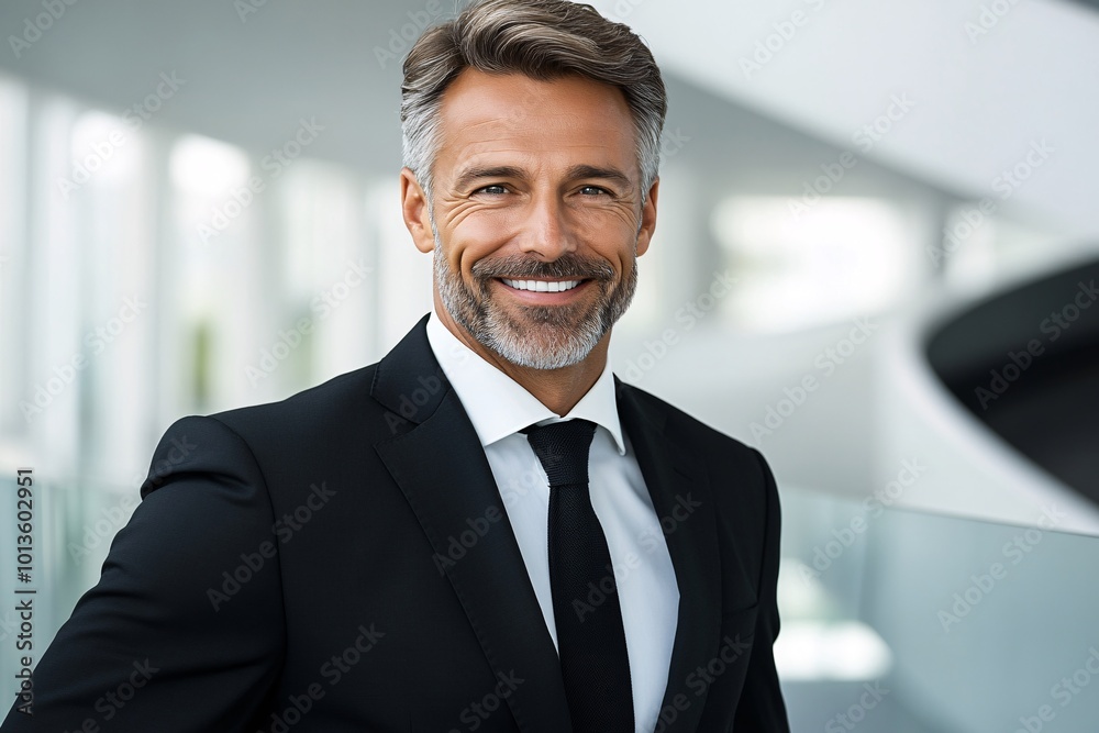 Confident Businessman in Tailored Suit Standing in Modern Minimalist Office Confident Businessman in Tailored Suit Standing in Modern Minimalist Office