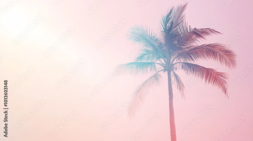 Fototapeta premium Palm tree silhouette against pastel sky, tranquil scene. Summer vibes and relaxation concept