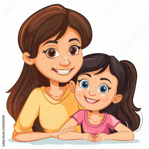 Cartoon drawing of two women hugging each other on a floral background. mother's day, mom and daughter