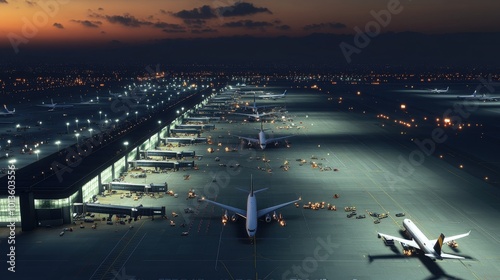 A 3D simulation of an airport offers a breathtaking aerial view, with planes lined up at terminals and service vehicles moving purposefully across the runways under night lights