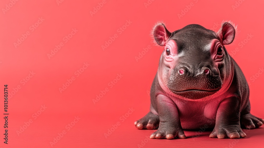 A small hippopotamus figure in pinkish hues against a vibrant red background, giving the impression of a surreal or artistic representation of the animal. A small hippopotamus figure in pinkish hues against a vibrant red background, giving the impression of a surreal or artistic representation of the animal.