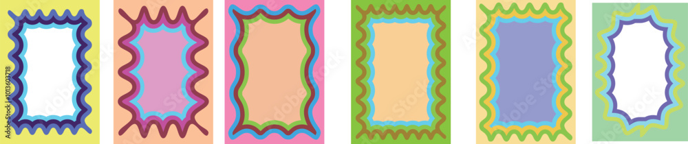 Wave scalloped edge wavy colorful abstract frame. Doodle drawn style for decoration. Trendy vector template for greeting card, poster, invitation. Vector eps10 Wave scalloped edge wavy colorful abstract frame. Doodle drawn style for decoration. Trendy vector template for greeting card, poster, invitation. Vector eps10