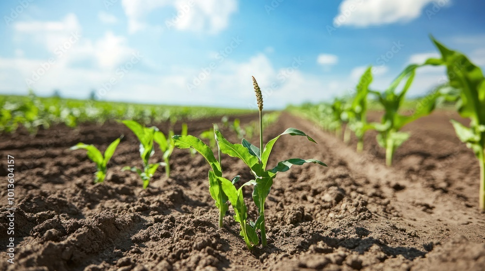 A single corn sprout growing in a field with a blue sky in the background. A single corn sprout growing in a field with a blue sky in the background.